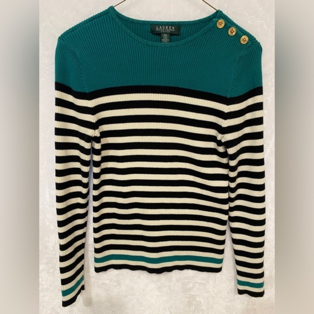 Women's Green/Black/White Ralph Lauren Long‎ Sleeve Sweater, Size PM